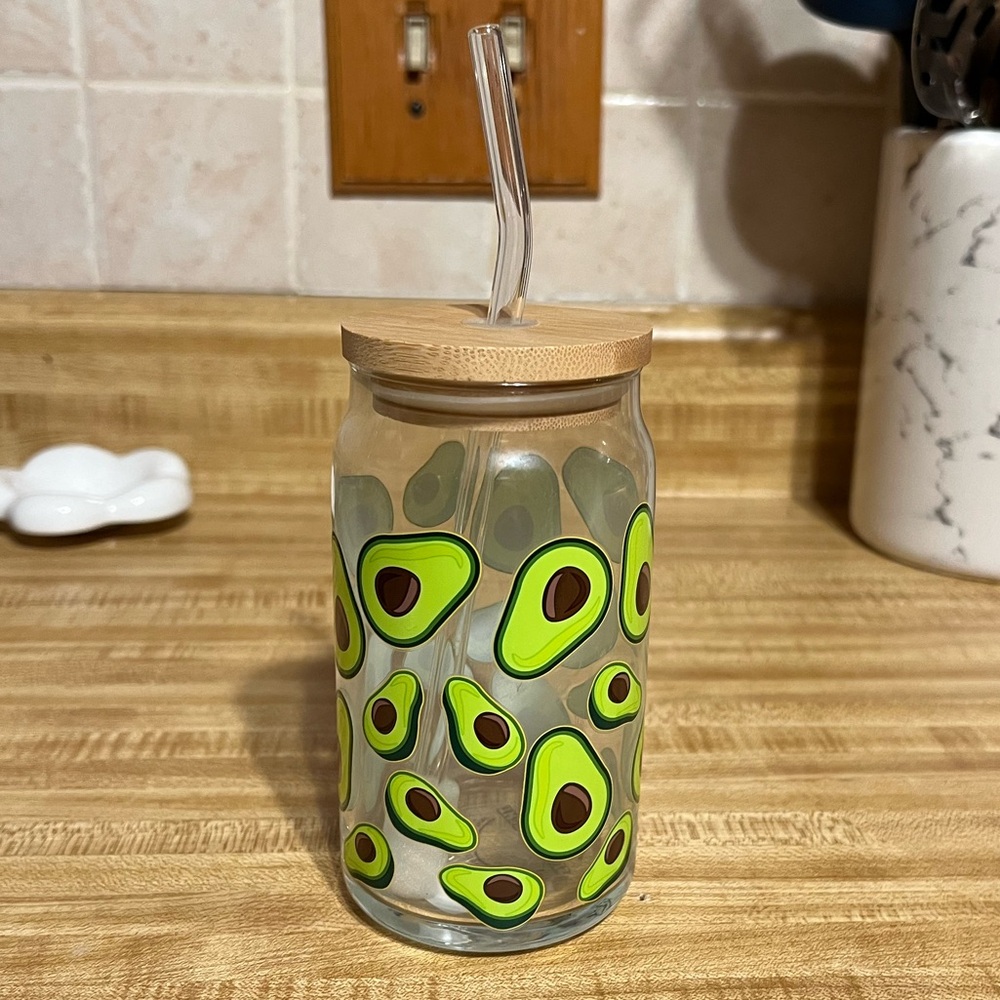 NEW Glass Avocado Cup w/ Straw and Lid
